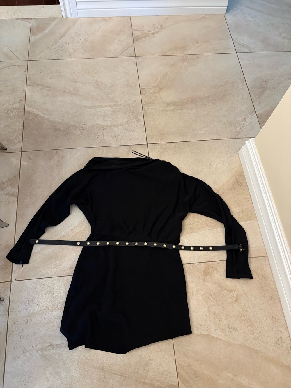 Mango Black Long-Sleeve Dress with Studded Belt